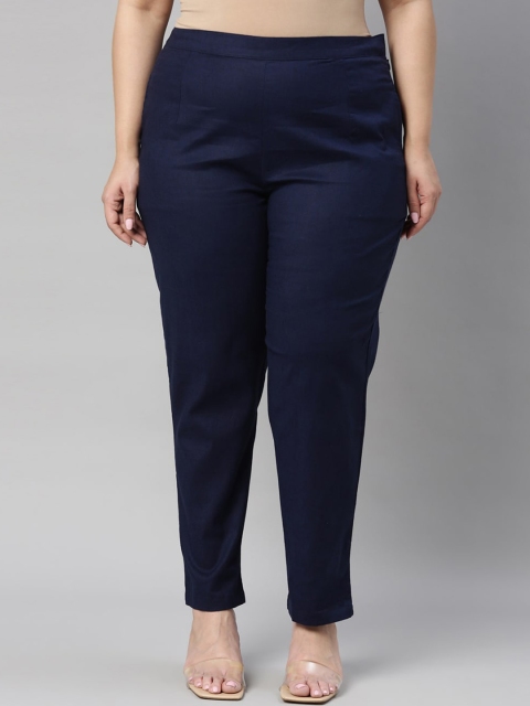 

Go Colors Women Navy Blue Linen Cigerette Trousers
