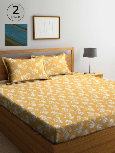 

Arrabi Yellow & Green Floral 300 TC 2 King Bedsheet with 4 Pillow Covers