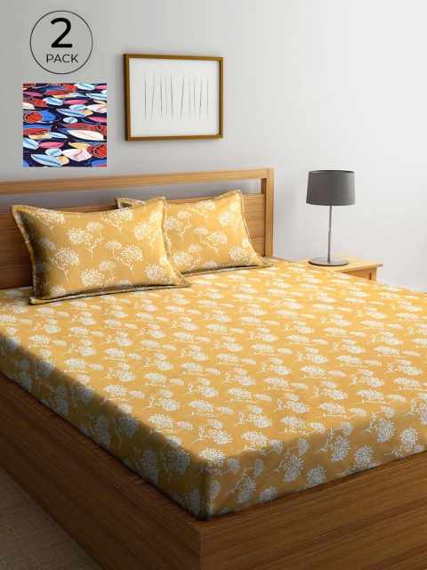 

Arrabi Yellow & White Floral 300 TC 2 King Bedsheet with 4 Pillow Covers