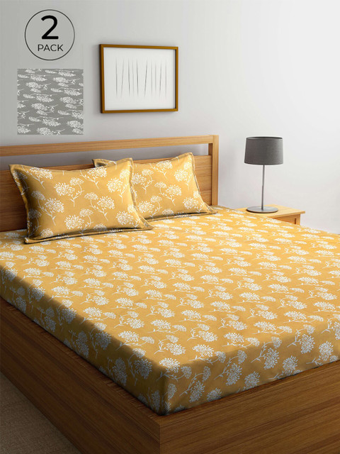 

Arrabi Yellow & Grey Floral 300 TC 2 King Bedsheet with 4 Pillow Covers