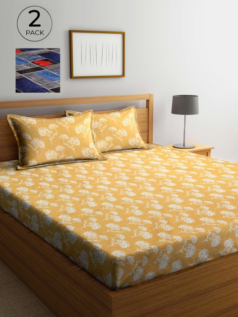 

Arrabi Yellow & Blue Floral 300 TC 2 King Bedsheet with 4 Pillow Covers