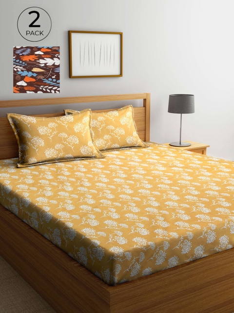 

Arrabi Yellow & White Floral 300 TC 2 King Bedsheet with 4 Pillow Covers