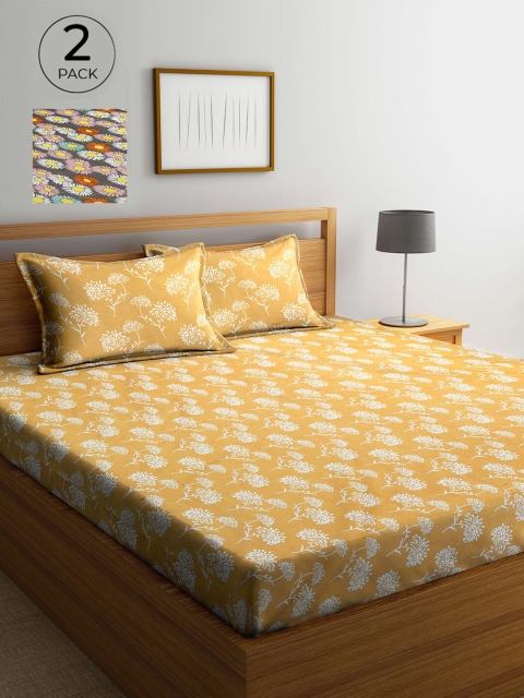 

Arrabi Yellow & Pink Floral 300 TC 2 King Bedsheet with 4 Pillow Covers