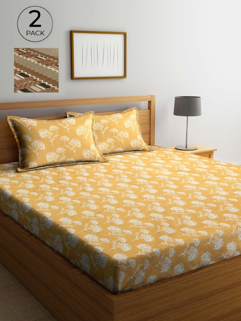 

Arrabi Yellow & Brown Floral 300 TC 2 King Bedsheet with 4 Pillow Covers