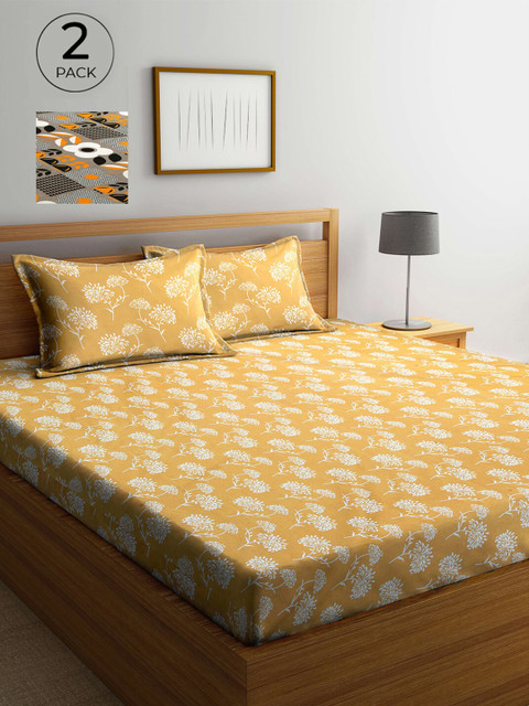 

Arrabi Yellow & Grey Floral 300 TC 2 King Bedsheet with 4 Pillow Covers