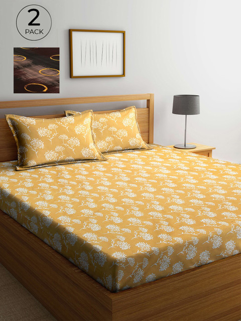 

Arrabi Yellow & Brown Floral 300 TC 2 King Bedsheet with 4 Pillow Covers