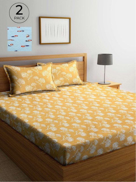 

Arrabi Yellow & Blue Floral 300 TC 2 King Bedsheet with 4 Pillow Covers