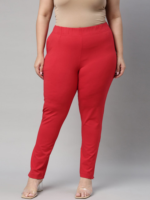 

Go Colors Women Red Cotton Tapered Fit Trousers