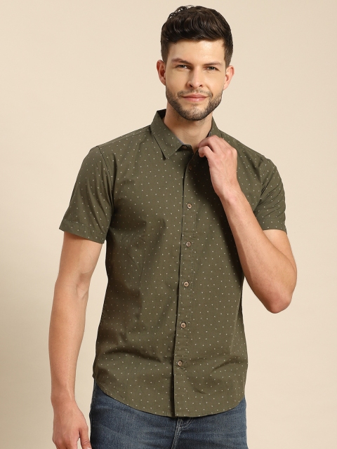 

United Colors of Benetton Men Olive Green Slim Fit Printed Pure Cotton Casual Shirt