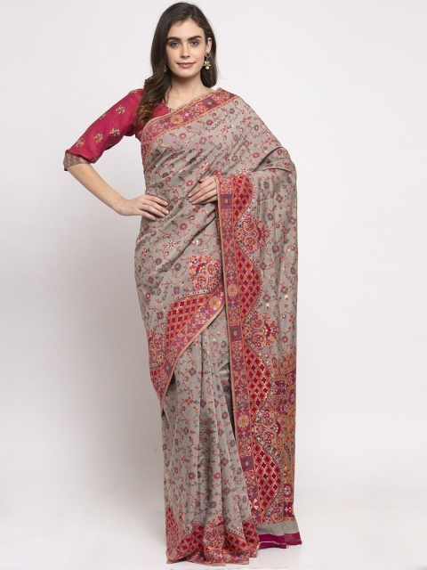 

Safaa Grey & Pink Floral Silk Cotton Muga Saree