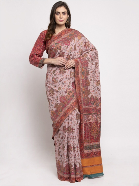 

Safaa Peach-Coloured & Pink Floral Silk Cotton Muga Saree