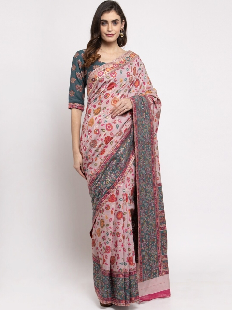 

Safaa Peach-Coloured & Teal Floral Silk Cotton Muga Saree