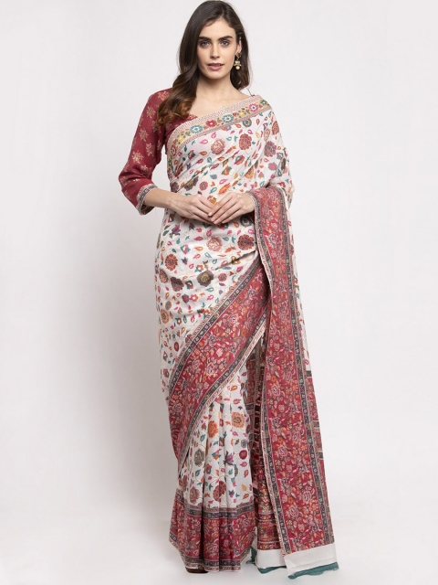 

Safaa Off White & Maroon Floral Silk Cotton Muga Saree
