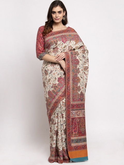 

Safaa Off White & Red Floral Silk Cotton Muga Saree