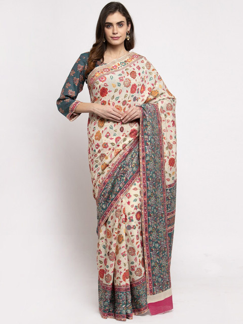 

Safaa Cream-Coloured & Red Floral Silk Cotton Muga Saree