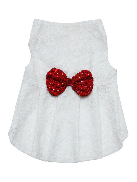 

Dchica Paws White & Red Self Design Bow Applique Dog Dress