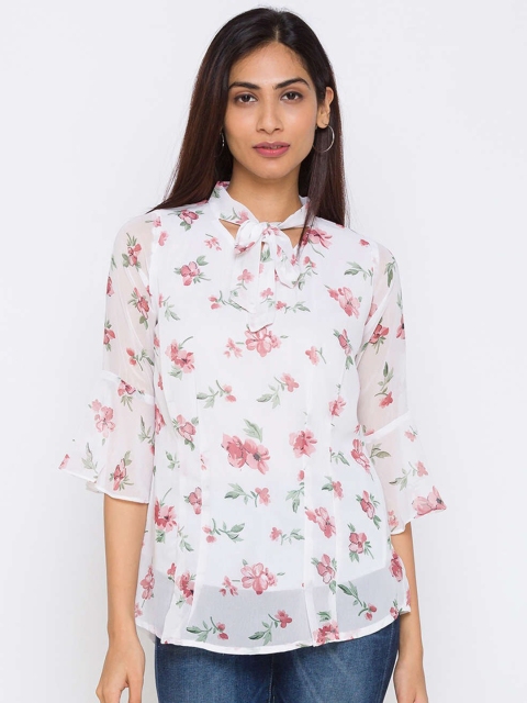 

ZOLA White Floral Tie-Up Neck Chiffon Regular Top