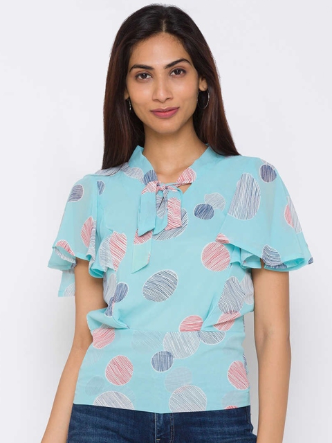 

ZOLA Blue Floral Mandarin Collar Chiffon Regular Top