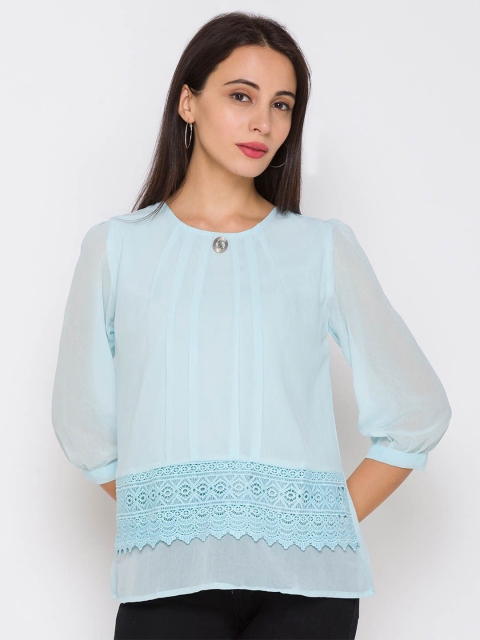 

ZOLA Turquoise Blue Keyhole Neck Chiffon Regular Top