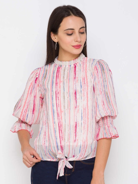 

ZOLA Pink Mandarin Collar Chiffon Shirt Style Top