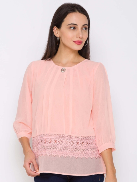 

ZOLA Peach-Coloured Keyhole Neck Chiffon Regular Top