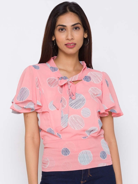 

ZOLA Pink Floral Tie-Up Neck Chiffon Regular Top