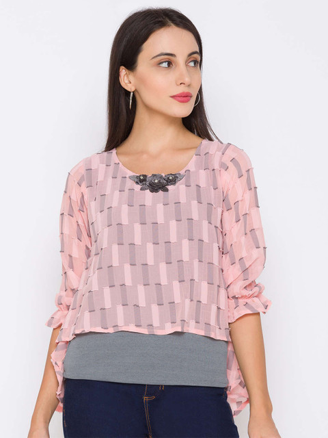 

ZOLA Peach-Coloured Geometric Chiffon Regular Top