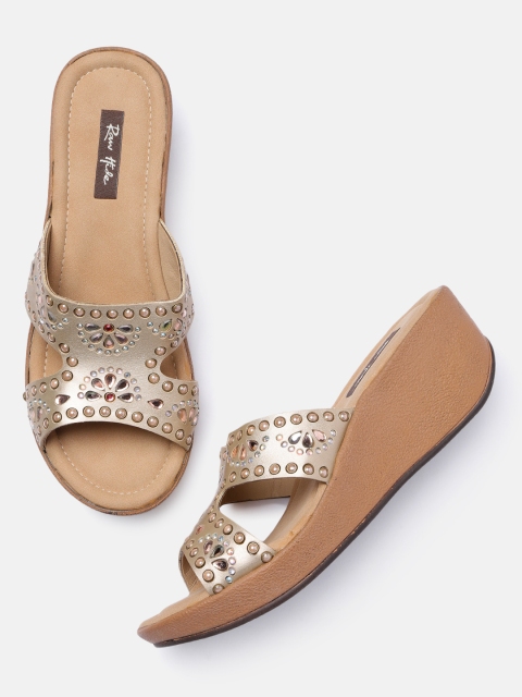 

Raw Hide Gunmetal-Toned Embellished Wedge Sandals, Metallic