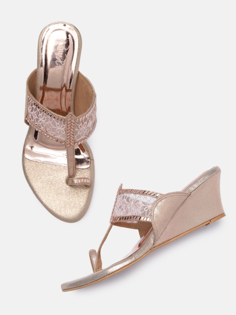 

Raw Hide Gold-Toned & Pink Woven Design Casual Wedge Sandals with Ethnic Embellishment