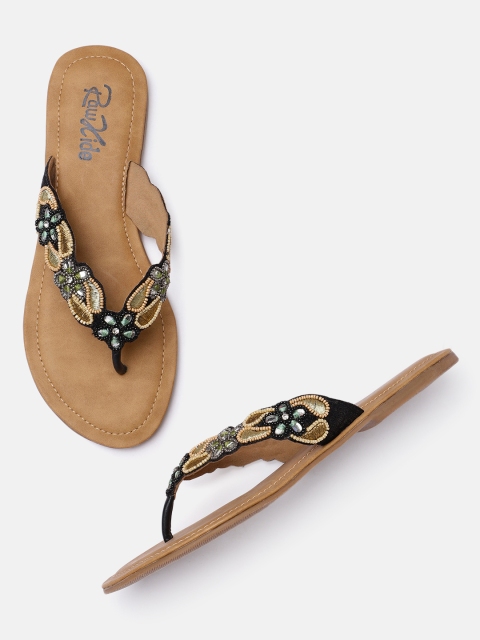 

Raw Hide Women Black & Brown Embellished Open Toe Flats