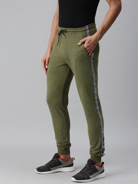 

TOM BURG Men Olive Green Striped Slim-Fit Track Pants