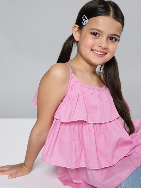 

HERE&NOW Girls Pink Solid Pure Cotton Layered Tiered Top