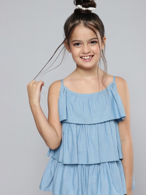 

HERE&NOW Girls Blue Solid Pure Cotton Tiered Top