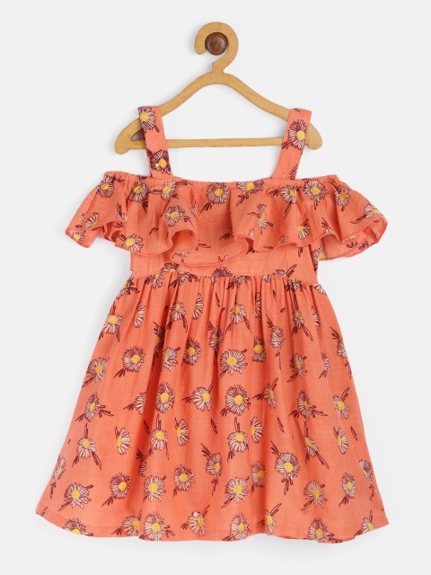 

HERE&NOW Girls Peach-Coloured Printed Pure Cotton Fit & Flare Dress