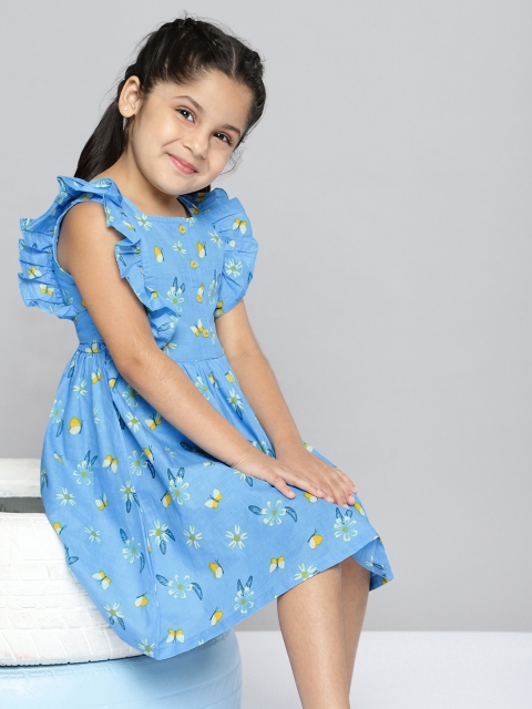 

HERE&NOW Girls Blue Floral Print Pure Cotton Fit & Flare Dress
