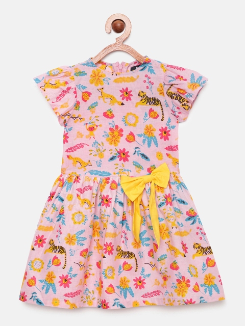 

HERE&NOW Pink Printed Pure Cotton Fit & Flare Dress