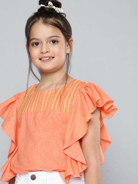 

HERE&NOW Girls Peach-Coloured Embroidered Regular Top