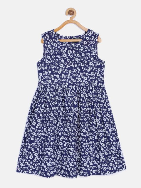 

HERE&NOW Girls Blue Printed Pure Cotton Floral Dress