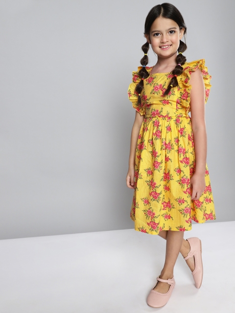 

HERE&NOW Girls Yellow Floral Print Pure Cotton Fit & Flare Dress