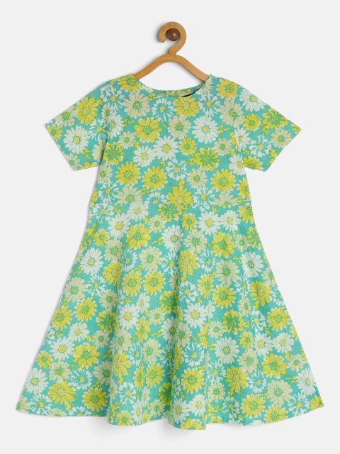

HERE&NOW Fluorescent Green Floral Pure Cotton A-Line Dress