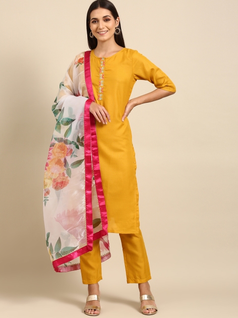 

Tikhi Imli Women Mustard Yellow Floral Yoke Design Regular Kurta with Palazzos & With Dupatta