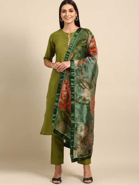 

Tikhi Imli Women Olive Green Floral Yoke Design Regular Kurta with Palazzos & With Dupatta