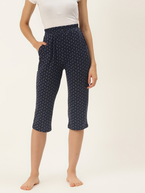 

9teenAGAIN Women Navy Blue Printed Cotton Lounge Capris