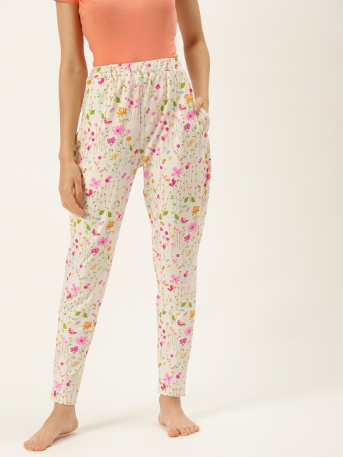 

9teenAGAIN Women Off-White & Pink Floral Printed Lounge Pants