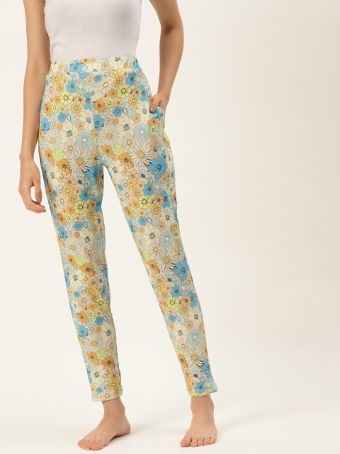 

9teenAGAIN Women Cream-Coloured & Blue Printed Lounge Pants
