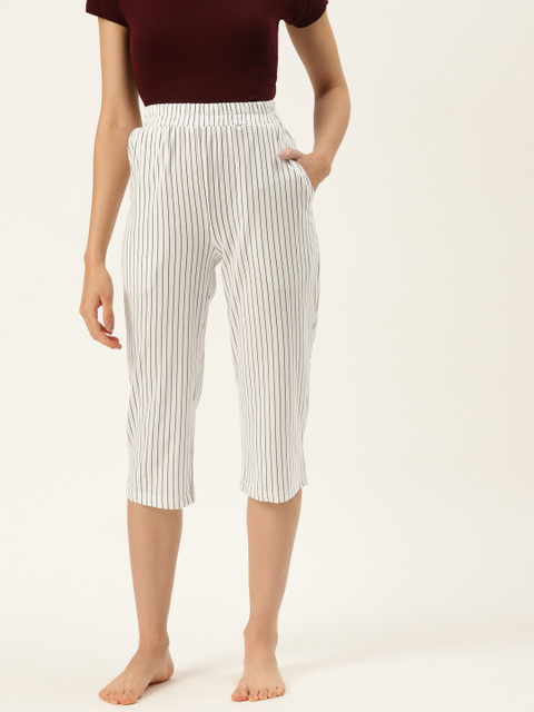 

9teenAGAIN Women White & Black Striped Cropped Cotton Lounge Pants