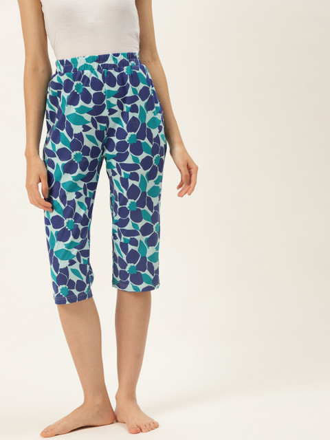 

9teenAGAIN Women White & Sea Green Floral Printed Lounge Pants