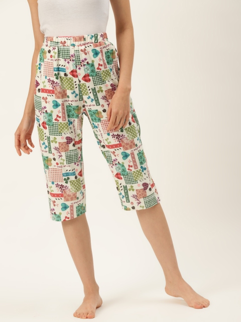 

9teenAGAIN Women White & Multicoloured Printed Cropped Lounge Pants