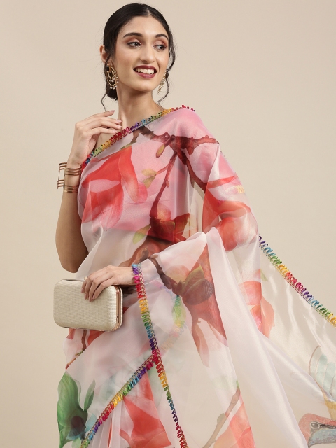 

Tikhi Imli Off White & Red Floral Organza Saree