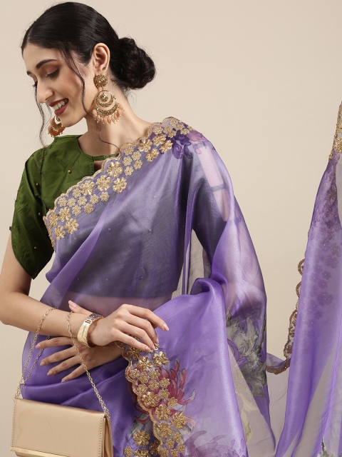 

Tikhi Imli Purple Floral Embroidered Organza Saree
